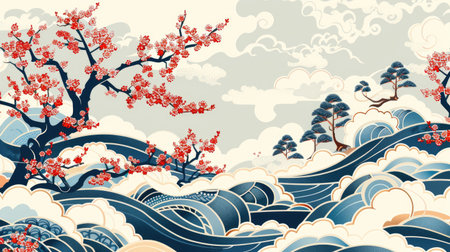Contemporary Japanese design showcasing cherry blossoms, geometric waves, pine trees, and clouds, creating a harmonious oriental patternの素材