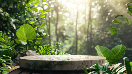 Eco-friendly podium for product display, with forest background, wooden and stone platform, green leaves and plant accents, 3D nature sceneの素材