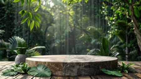 Eco-friendly podium for product display, with forest background, wooden and stone platform, green leaves and plant accents, 3D nature sceneの素材