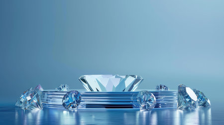 Elegant crystal podium, blue background, 3D diamond stand, luxury product display, glass platform, abstract render, jewelry presentationの素材