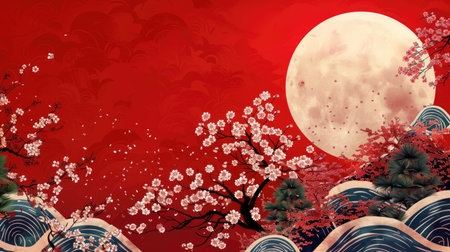 Cherry blossom flowers on a geometric Japanese background, highlighted by wave shapes, pine trees, and oriental ornamentsの素材