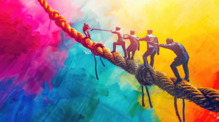 Diverse team connecting through a strong rope, symbolizing unity, strength, and partnership in a colorful backgroundの素材