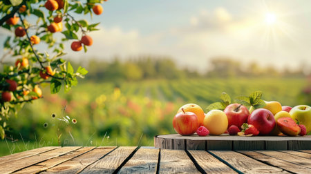 Farm wood podium, nature background, green field, fruit table display, grass garden scene, outdoor product stand, fresh landscape, morningの素材