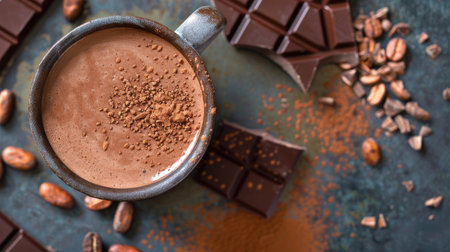 Cup of hot chocolate with rich cocoa powder, cocoa beans, and chocolate pieces, perfect for a cozy drinkの素材
