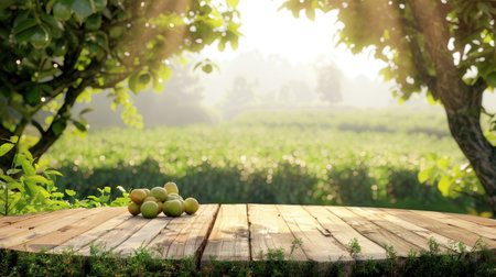 Green field with wooden podium, nature farm background, fruit table display, outdoor product stand, fresh morning landscape, garden sceneの素材