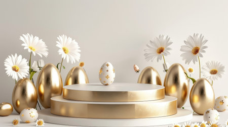 Happy Easter podium with golden eggs and flowers, creating a festive background for product displaysの素材