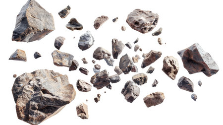 Isolated falling rocks and stones on a white background, emphasizing texture and movement in a dramatic wayの素材