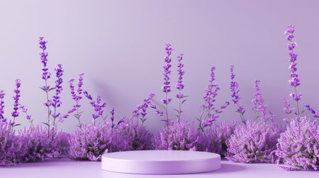 Lavender podium with purple flowers, creating a nature-inspired background for beauty product displaysの素材