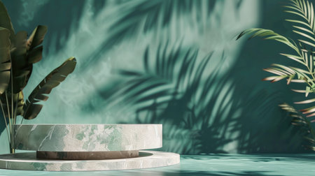 Minimal beauty podium, green shadow background, stone display stand, summer abstract scene, plant accents, luxury product mockupの素材