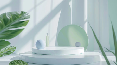 Minimal podium with green and blue elements, white background, beauty product display stand, 3D mockup for cosmetic presentationの素材