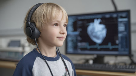 A young boy with headphones listens to music while a heart monitor displays on a screen behind him. His thoughtful expression captures the joy of sound in a modern medical setting.の素材