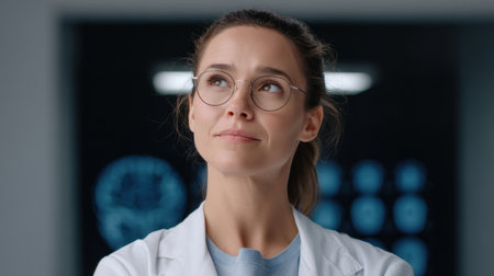 A focused medical professional in a lab coat wearing glasses, reflecting on advancements in healthcare while surrounded by high-tech imaging equipment.の素材