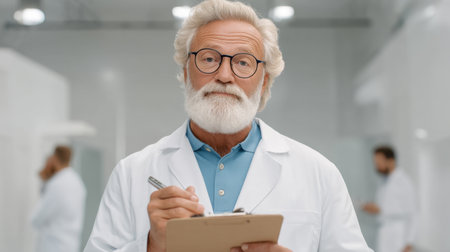 A seasoned senior physician with glasses holds a clipboard, portraying a calm and knowledgeable presence in a modern healthcare facility, emphasizing patient care.の素材