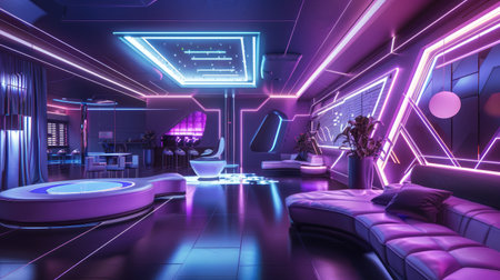Futuristic interior room with high-tech and luxurious design, featuring neon lights and reflective surfaces for a modern, cyber lookの素材