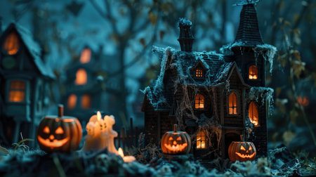 Creepy haunted house decoration for Halloween, featuring spooky pumpkin candles and a dark, eerie night sceneの素材