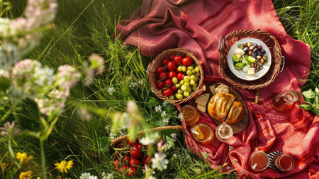 Top view of a picnic basket on a red cloth blanket in a meadow, showcasing a variety of delicious food and drinks for a relaxing mealの素材