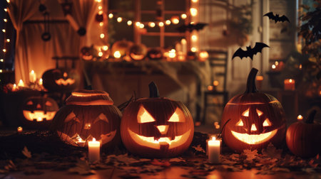 Halloween party scene with haunted house decorations, featuring spooky pumpkin candles for a creepy night effectの素材