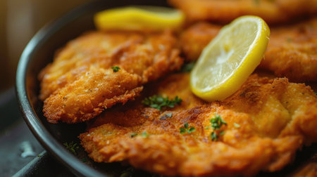 Tasty Wiener Schnitzel close-up, perfect for emphasizing its popularity and delicious flavor in international cuisineの素材