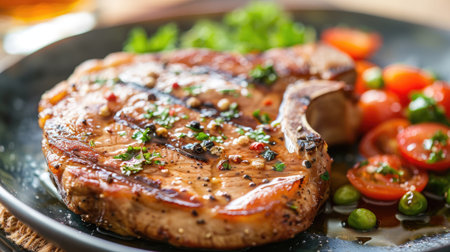 Delicious pork chop steak on a plate, showcasing a close-up of this popular international food concept -の素材
