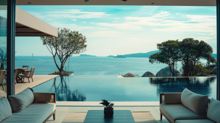 Stylish and luxurious hotel lounge architecture, offering a serene view of the sea and a private pool, perfect for summer relaxationの素材