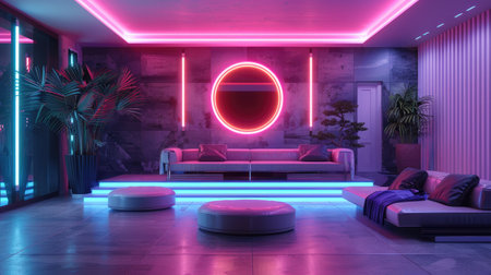 Modern cyber living room with advanced technology, highlighted by neon lights and reflective materials for a futuristic aestheticの素材