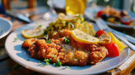 Mouth-watering Wiener Schnitzel on a plate, captured in a close-up to showcase its delicious and popular appealの素材