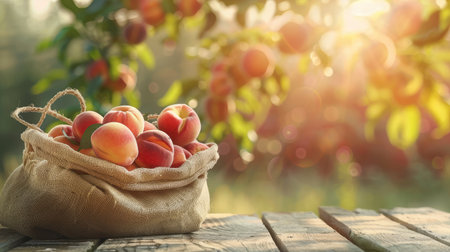 Peach harvest in a jute sack on a wooden table, with a blurry crop farm background, highlighting fresh and delicious produceの素材