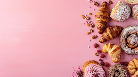 Tasty selection of bakery products such as buns, loaves, and croissants, arranged on a pastel background with ample copy spaceの素材