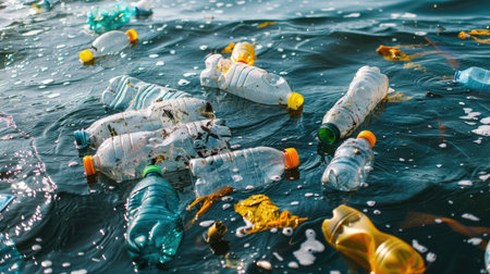 Ocean surface cluttered with plastic bottles and bags, symbolizing the urgent need to address pollution and protect our watersの素材