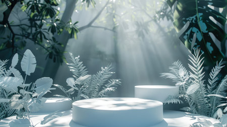 3D forest podium with white plants, perfect for cosmetic product displays in a nature-inspired studio settingの素材