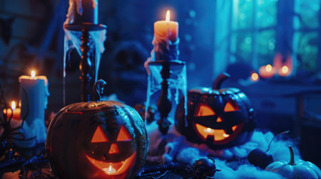 Halloween party decor with dark haunted house elements, featuring eerie pumpkin candles and a spooky night atmosphereの素材