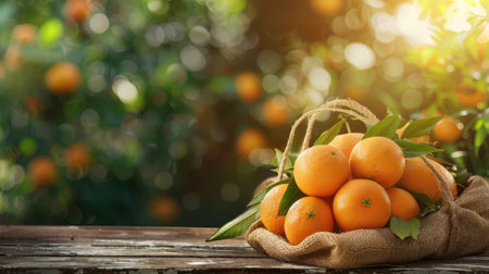 Oranges in a jute sack on a rustic wooden table, set against a blurry farm backdrop, emphasizing the fresh harvest and agricultural contextの素材