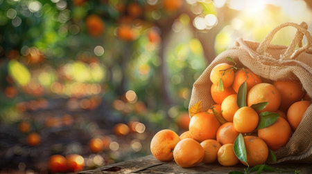 Harvested oranges in a jute sack on a wooden surface, with a blurred background of an orange farm, illustrating the agricultural settingの素材