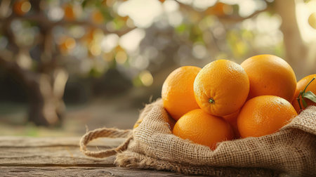 Oranges in a jute sack on a rustic wooden table, set against a blurry farm backdrop, emphasizing the fresh harvest and agricultural contextの素材
