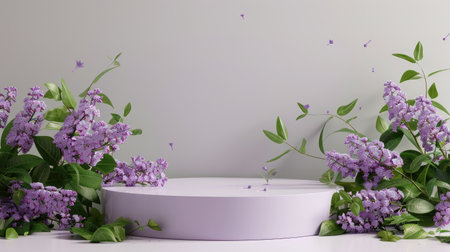 3D podium with lilac flowers, perfect for spring-themed cosmetic product presentations in a floral settingの素材