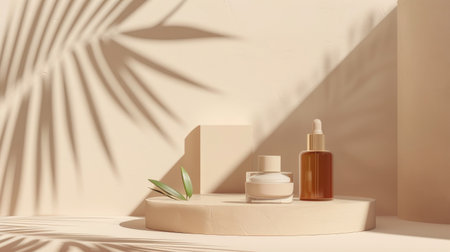 3D beige podium on a minimal studio scene, featuring luxury beauty products against a pastel wall with geometric shadowsの素材