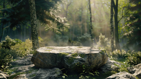 3D rock podium with a forest background, creating a natural and wild setting for product presentations -の素材