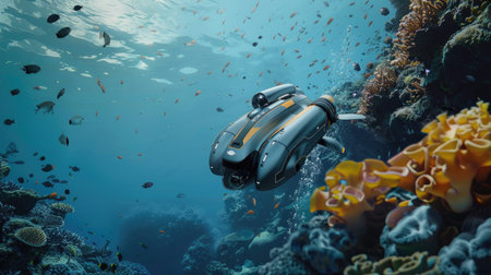 Underwater world with robotic marine life observer, capturing the beauty of the ocean's biodiversity and the role of technology in explorationの素材