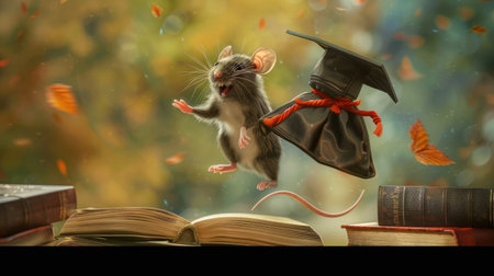 A jubilant mouse in a graduation cap and gown, jumping through books, capturing the spirit of accomplishmentの素材