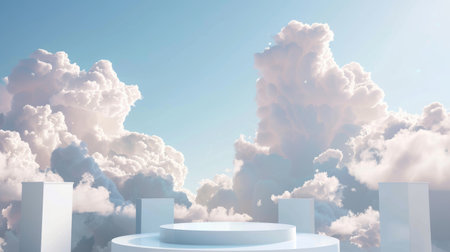 Elegant cloud-themed podium, floating white stand in a soft blue sky, 3D abstract stage, pastel backdrop for product presentationの素材
