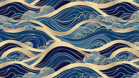 Elegant seamless pattern of blue and beige waves, inspired by traditional Japanese ukiyo-e artの素材