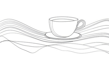 Continuous line sketch of a coffee cup, creating an abstract and minimalist background for cafe and breakfast designsの素材