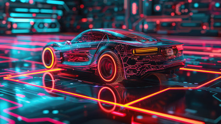 Innovative automotive design with a futuristic car on a neon-lit circuit board, showcasing technological advancement and cybersecurityの素材
