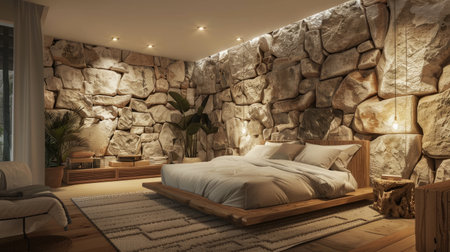 Elegant master bedroom with a mountain rock stone wall, combining luxury and natural elements for a unique interiorの素材