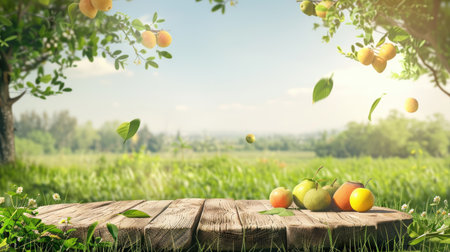 Green field with wooden podium, nature farm background, fruit table display, outdoor product stand, fresh morning landscape, garden sceneの素材