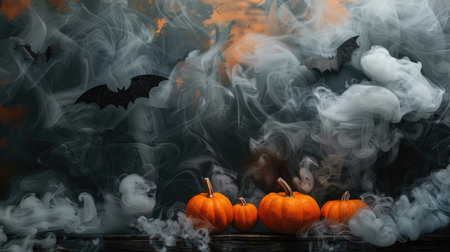 Halloween product platform with pumpkins, bats, and smoke, ideal for eerie autumn displays and dark-themed bannersの素材