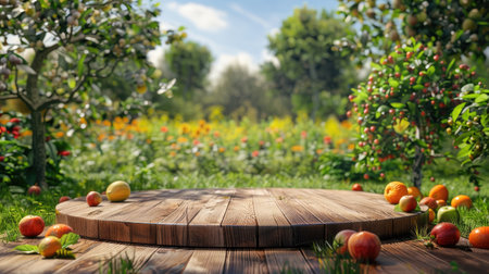Farm nature background, wooden podium, green field, fruit table display, grass garden scene, outdoor product stand, fresh morning landscapeの素材