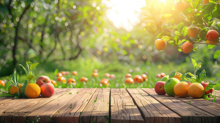 Farm wood podium, nature background, green field, fruit table display, grass garden scene, outdoor product stand, fresh landscape, morningの素材