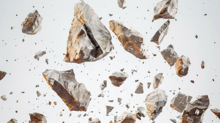 Falling stones against a white backdrop, highlighting the dynamic movement and texture of rock fragmentsの素材