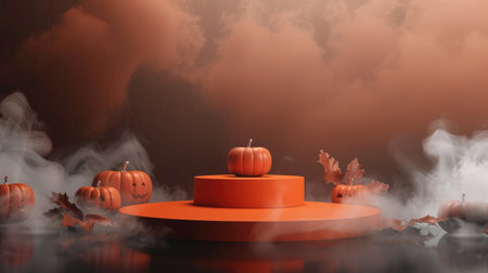 Orange Halloween podium with pumpkins and dark fog, perfect for eerie product banners and stage displaysの素材